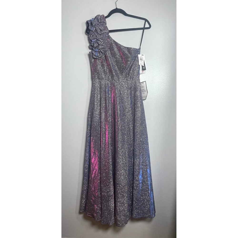 XSCAPE One Shoulder Ruffle Iridescent Metallic Gown Dress Size 4P NEW Party